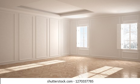 Empty room interior design, open space with stucco molded walls, vintage victorian style, parquet wooden floor, classic contemporary architecture, 3d illustration