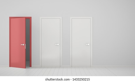 Empty room interior design with two white closed doors and one open red door with frame, wooden white floor. Choice, decision, selection, option concept idea with copy space, 3d illustration
