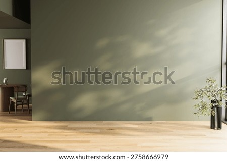 Empty room interior with olive green wall, wooden floor, and natural sunlight shadows, 3D render