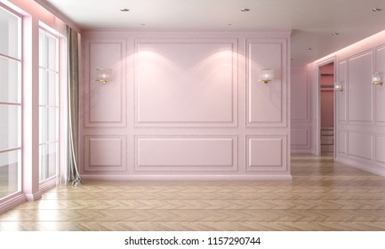 Empty Room Interior Pastel Pearl Pink, Classic Style, Studio Mock-up, 3D Render 3D Illustration