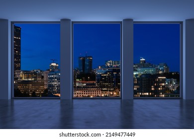 Empty Room Interior Skyscrapers View. Cityscape Downtown Seattle City Skyline Buildings From High Rise Window. Beautiful Real Estate. Night Time. 3d Rendering.