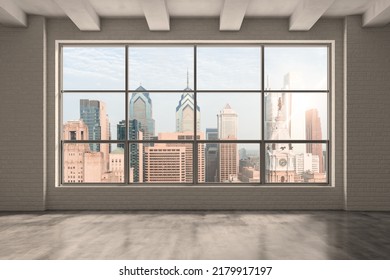 Empty Room Interior Skyscrapers View Cityscape. Downtown Philadelphia City Skyline Buildings From High Rise Window. Beautiful Real Estate. Day Time. 3d Rendering.