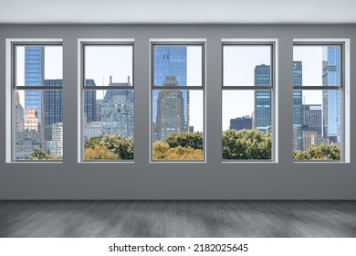 Empty Room Interior Skyscrapers View Cityscape. Central Park Midtown New York City Manhattan Skyline Buildings From Window. Beautiful Expensive Real Estate. Day Time. 3d Rendering.