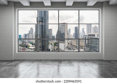 Empty Room Interior Skyscrapers View Bangkok. Downtown City Skyline Buildings From High Rise Window. Beautiful Expensive Real Estate Overlooking. Day Time. 3d Rendering.