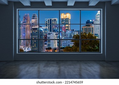 Empty Room Interior Skyscrapers View Bangkok. Downtown City Skyline Buildings From High Rise Window. Beautiful Expensive Real Estate Overlooking. Night Time. 3d Rendering.