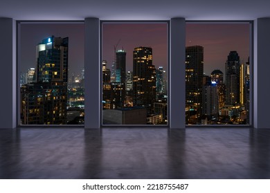 Empty Room Interior Skyscrapers View Bangkok. Downtown City Skyline Buildings From High Rise Window. Beautiful Expensive Real Estate Overlooking. Night Time. 3d Rendering.