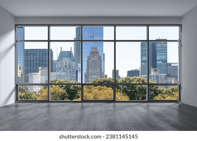 Empty room Interior Skyscrapers View Cityscape. Central Park Midtown New York City Manhattan Skyline Buildings from Window. Beautiful Expensive Real Estate. Day time. 3d rendering.