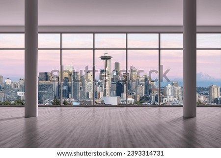 Empty room Interior Skyscrapers View. Cityscape Downtown Seattle City Skyline Buildings from High Rise Window. Beautiful Real Estate. Sunset. 3d rendering.