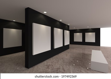 Empty Room Interior With White Canvas On Black Wall In The Gallery