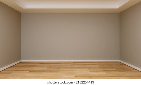 Empty Room With Khaki Wall, Suspended Ceiling And Wooden Floor. 3d Illustration. 3d Rendering