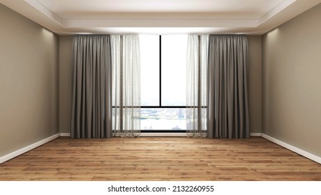 Empty Room With Khaki Wall, Wooden Floor, Wide Panoramic Window, Gray Curtain . 3d Illustration. 3d Rendering