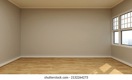 Empty Room With Khaki Wall, Wooden Floor, White Single Hung Window On The Side. 3d Illustration.  3d Rendering 