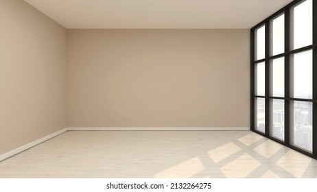 Empty Room With Khaki Wall, Wooden Floor, Wide Panoramic Black Frame Window. 3d Illustration.  3d Rendering