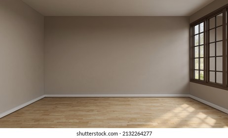 Empty Room With Khaki Wall, Wooden Floor, Wide Casement Window. 3d Illustration.  3d Rendering