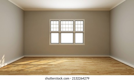 Empty Room With Khaki Wall, Wooden Floor, White Single Hung Window. 3d Illustration.  3d Rendering