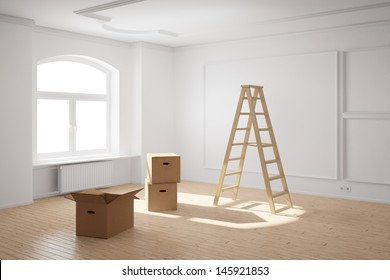 Empty Room With Ladder And Boxes Moving Out