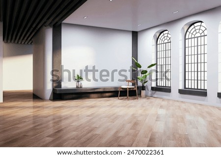 An empty room with large arched windows, a wooden chair, a small plant, and a hardwood floor, symbolizing a modern interior space. 3D Rendering