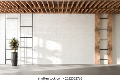 Empty room loft interior with   white walls and Plant, bricks, wooden beams and floor,3d Illustration.