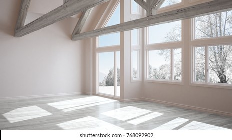 Empty room in luxury eco house, parquet floor and wooden roof trusses, panoramic window on winter meadow, modern white architecture interior design, 3d illustration