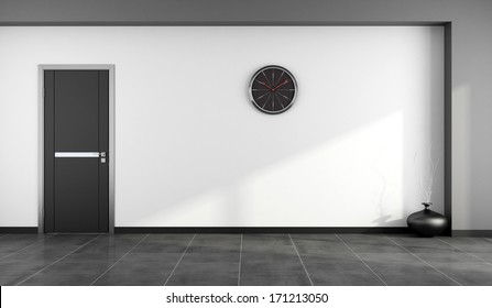 Empty Room With Modern Black Door And Clock On Wall - Rendering