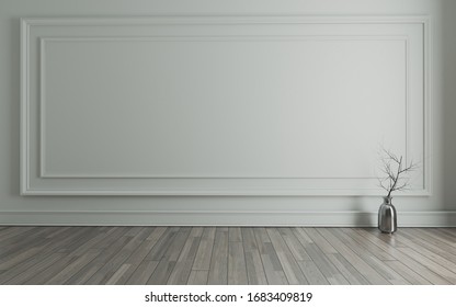 Empty Room With Modern Classic Wall Panels, Metalic Vase, Dry Plant And Wooden Floor 3d Rendering