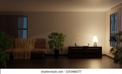 Empty Room At Night. Lamp On A Table. 3D Rendering. 3D Illustration.