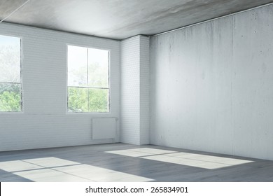 Empty Room In Old House With Concrete Walls (3D Rendering)