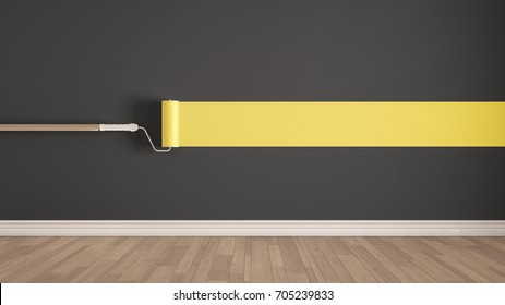 Empty Room With Paint Roller And Painted Wall, Wooden Floor, Gray And Yellow Minimalist Interior Design, 3d Illustration