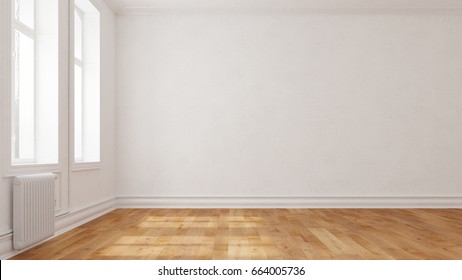 Empty room with parquet floor and white background wall (3D Rendering)