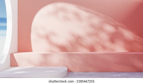 Empty Room In Pink And White Pastel Tone With Tree Leaves Shadow And Blue Sky And Cloud Background. Abstract And Nature Concept. 3D Illustration Rendering