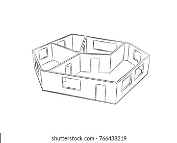 Empty Room Plan.Isolated On White Background.Sketch Illustration.