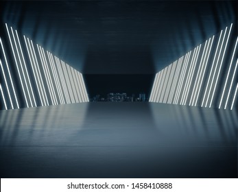 Empty room, Product showcase background, Long corridor with light glow and night city background.3D rendering

