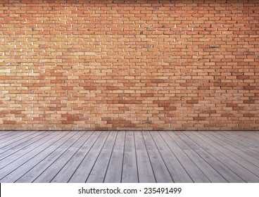 empty room with red brick wall and wooden floor 