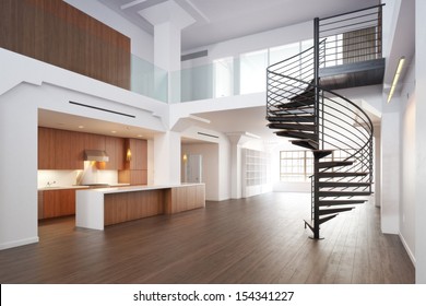 Empty room of residence with a spiral staircase.