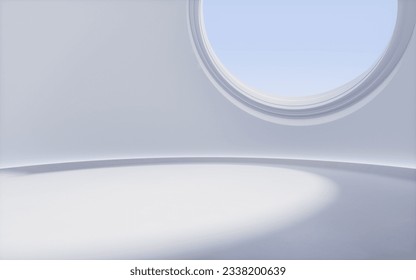 Empty room with round window, 3d rendering. Digital drawing.