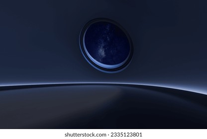 Empty room with round window at night, 3d rendering. Digital drawing.