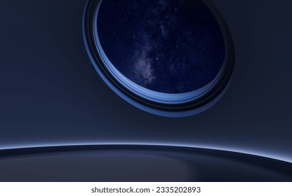 Empty room with round window at night, 3d rendering. Digital drawing.