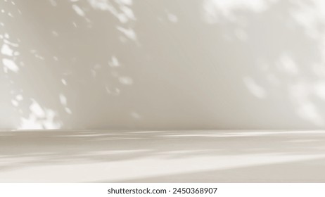 Empty room with sunlight, tree leaf foliage shadow on white wall, beige floor for modern, luxury organic beauty, cosmetic, skincare, body care product background, exterior design decoration 3D