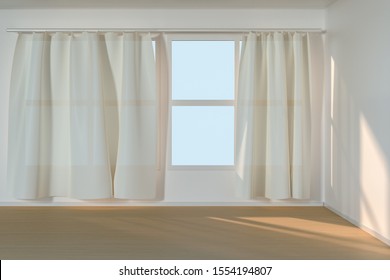 An empty room with sunshine come through the curtain, 3d rendering. Computer digital drawing. - Shutterstock ID 1554194807