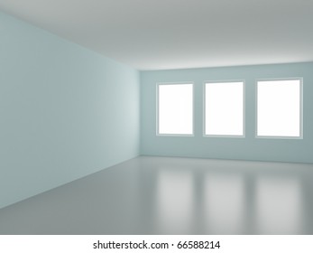 Empty room, with three windows, 3d illustration