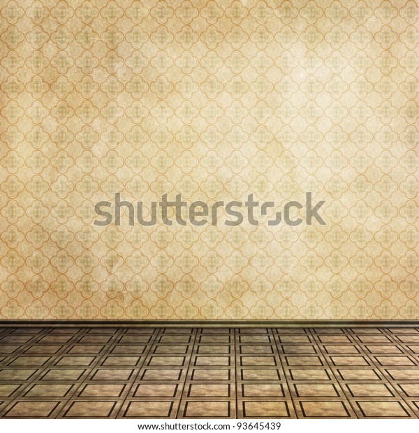 タイルの床と古い壁紙を持つ空の部屋 のイラスト素材
