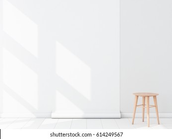 Empty Room With White Blank Wallpaper Roll Mockup Hanging On The Wall, Chair, 3d Rendering