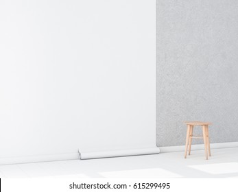 Empty Room With White Blank Wallpaper Roll Mockup On Concrete Wall, Chair, 3d Rendering