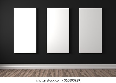 Empty Room With White Canvas On A Black Wall In The Gallery