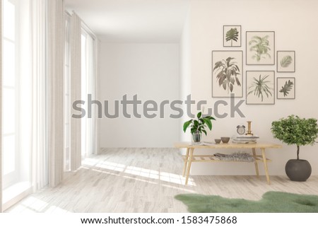 Empty room in white color with table, home plant and pictures on a wall. Scandinavian interior design. 3D illustration