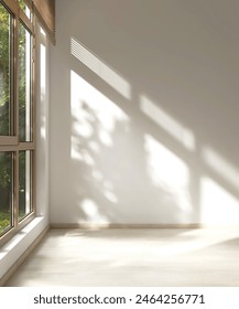 Empty room with white wall in sunlight from brown window blind, tree shadow on wood laminated floor for luxury, minimal interior design decoration, architecture, product background 3D