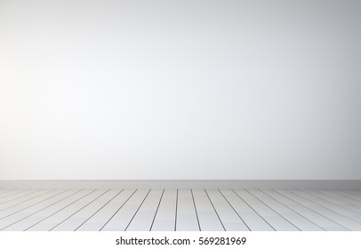 Empty room with white wall and white wooden floor interior. 3D rendering