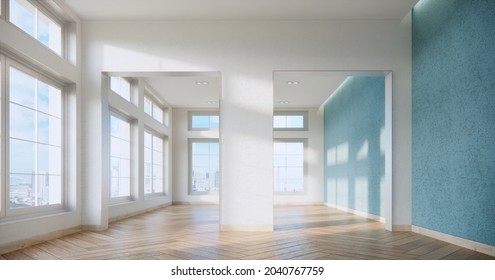 Empty Room And Wood Laminate Floor With Sun Light Cast The Shadow On The Wall Panel, Perspective Of Minimal Interior Design Background. 3D Rendering.