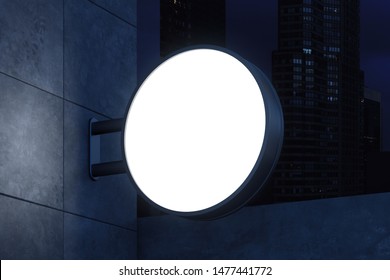 Empty Round Mock Up Sign For Advertising Hanging On Concrete Wall Over Night Cityscape Background. 3d Rendering