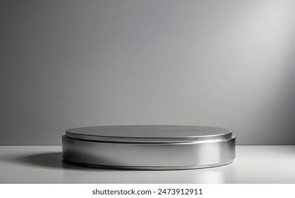 Empty round stainless steel podium, on gray background, for handyman tools presentation - Powered by Shutterstock